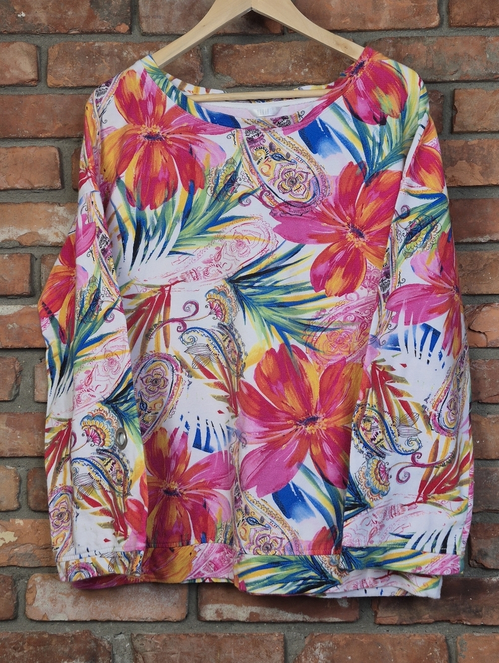 Kaktus Tropical Floral Crewneck Sweatshirt Oversized Lg Grommet Sleeves Cotton! - Picture 2 of 7